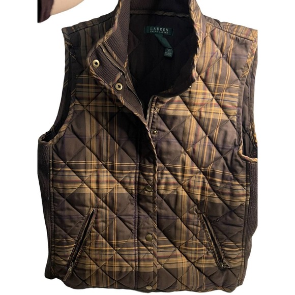 Ralph Lauren Women Puffer Hunter Vest Brown Plaid Snap Zip Front Pocket Large - Picture 1 of 7